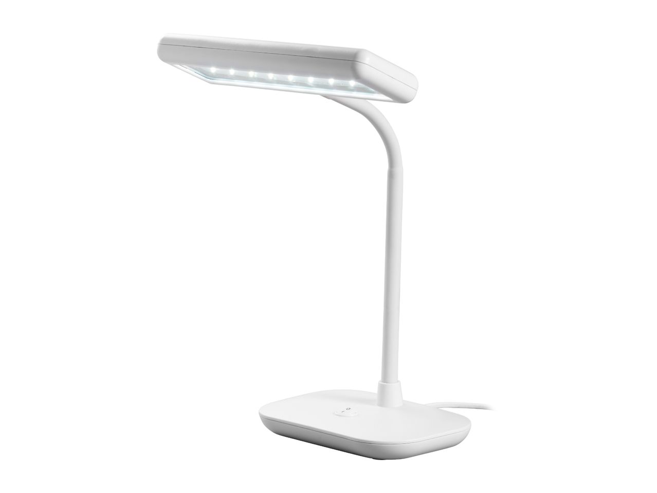 A white LED desk lamp with a flexible neck and a rectangular head, featuring a power switch on its base.