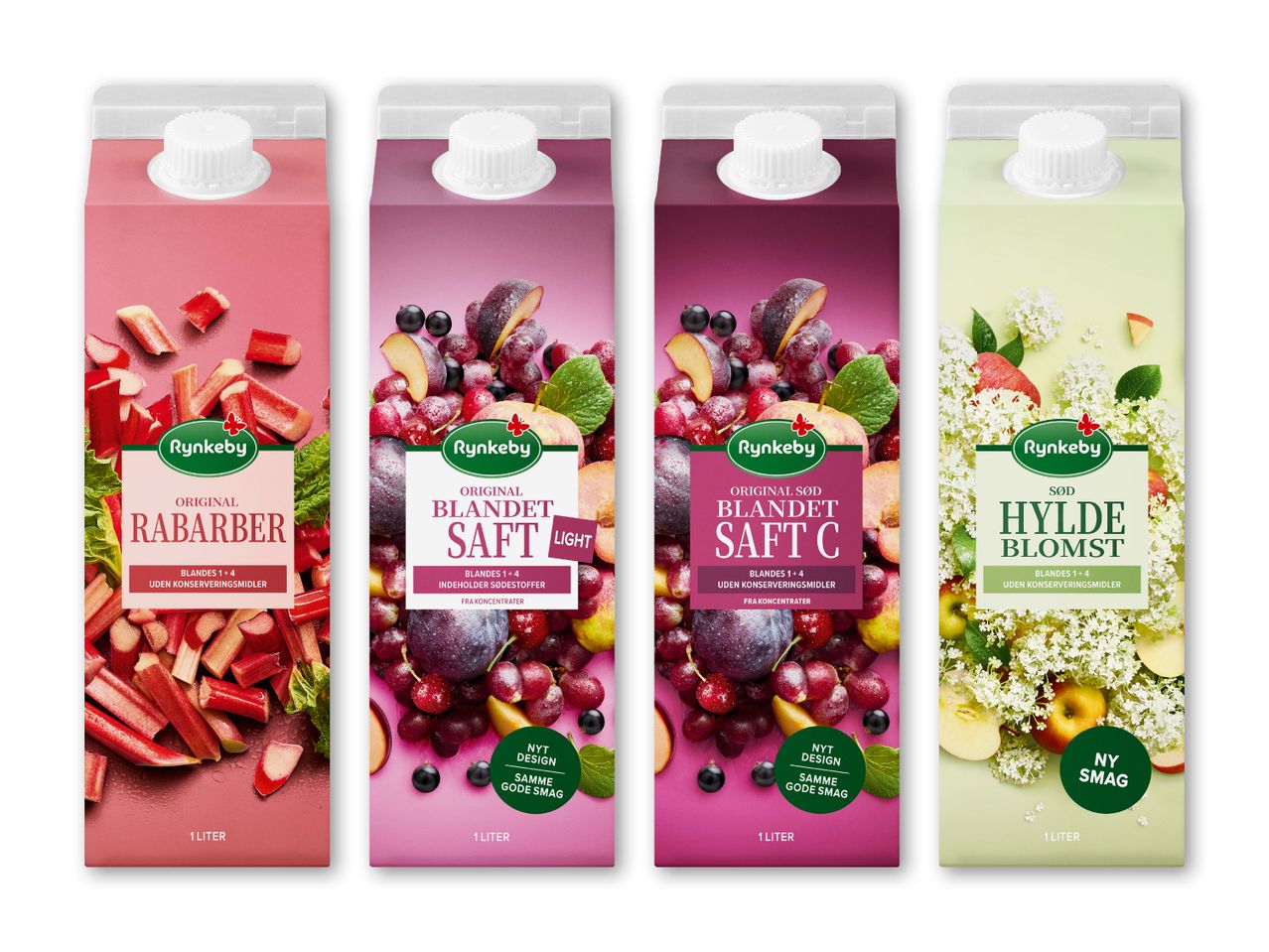 Fire kartoner med saft: rabarber, blandet saft light, blandet saft C og hyldeblomst.