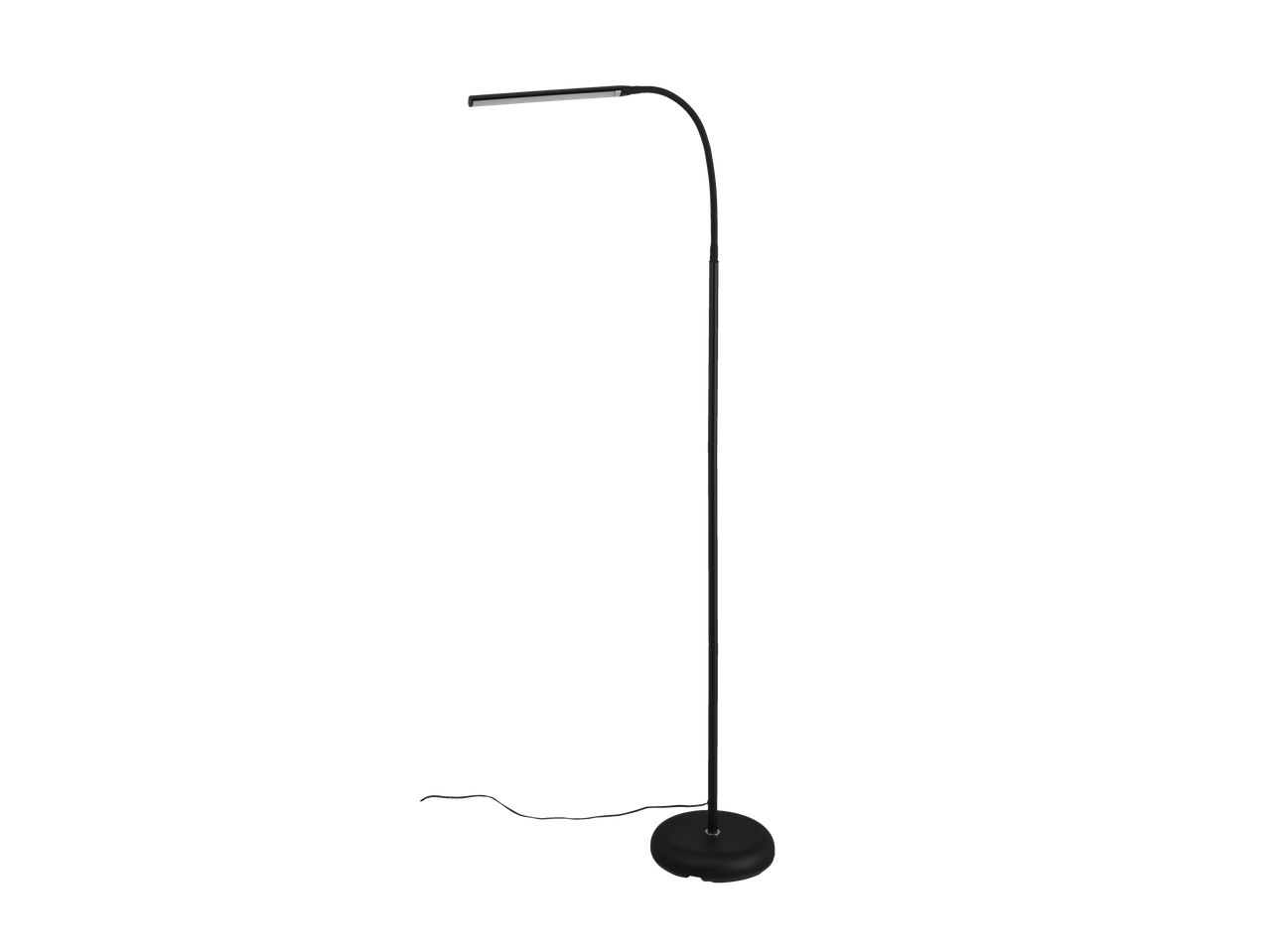 Melna grīdas lampa ar izliektu roku un LED gaismu.