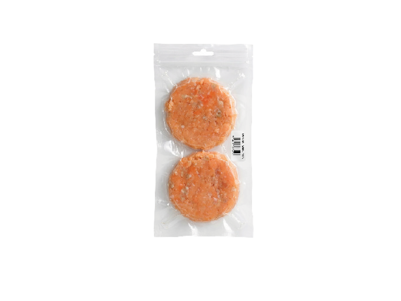 Divas saldētas zivju kotletes vakuumiepakojumā.