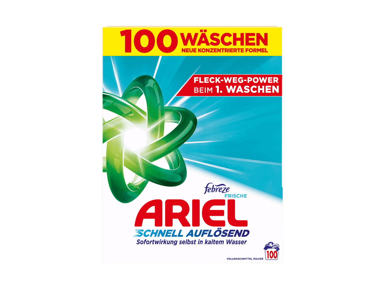Waschmittelpulver für 100 Wäschen, mit Fleck-weg-Power und Frischeduft.