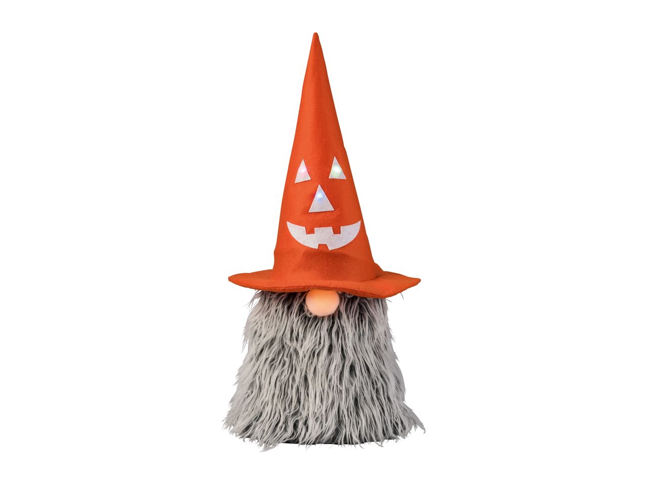Halloween gnome with a light-up orange pumpkin hat and grey beard