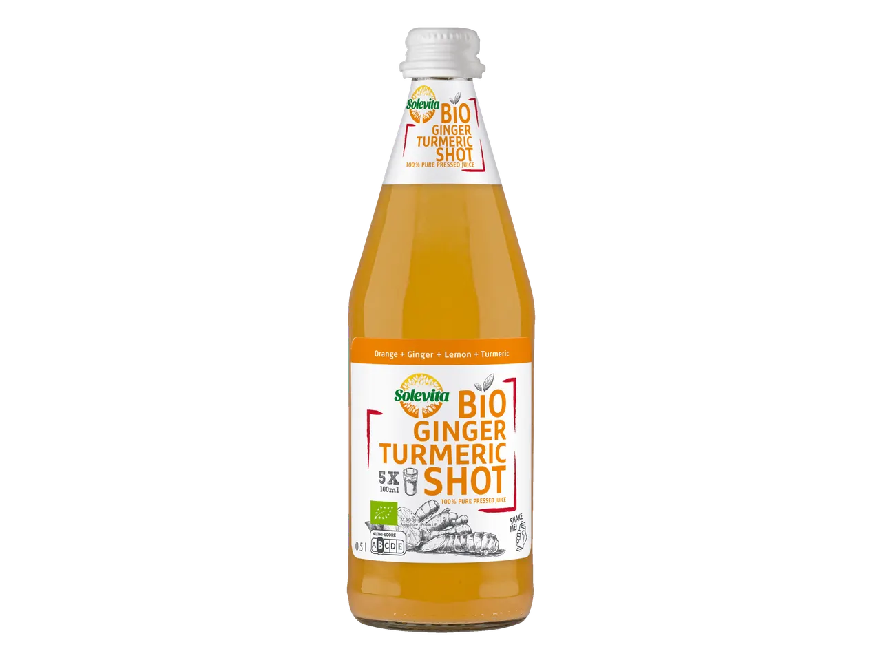 Bouteille de jus Solevita Bio gingembre-curcuma.