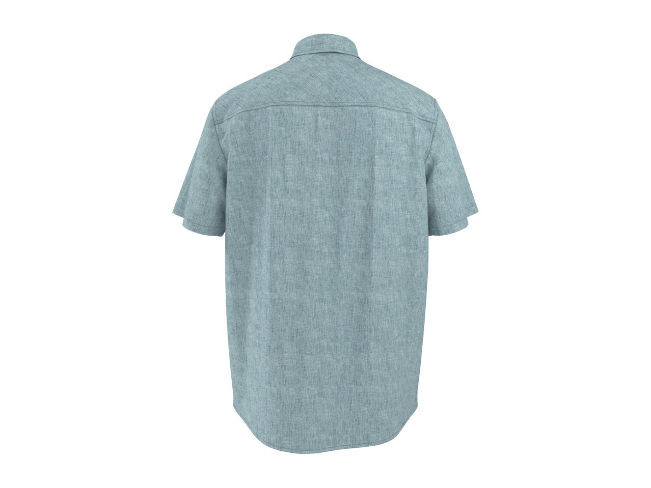 Back view of a men's short-sleeved button-up shirt in light blue linen fabric.