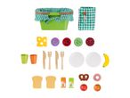 A toy picnic basket with a green and white checkered liner, matching blanket, play food, and dishes.