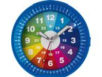 Un orologio didattico blu con quadrante colorato e numeri grandi per imparare a leggere l'ora.