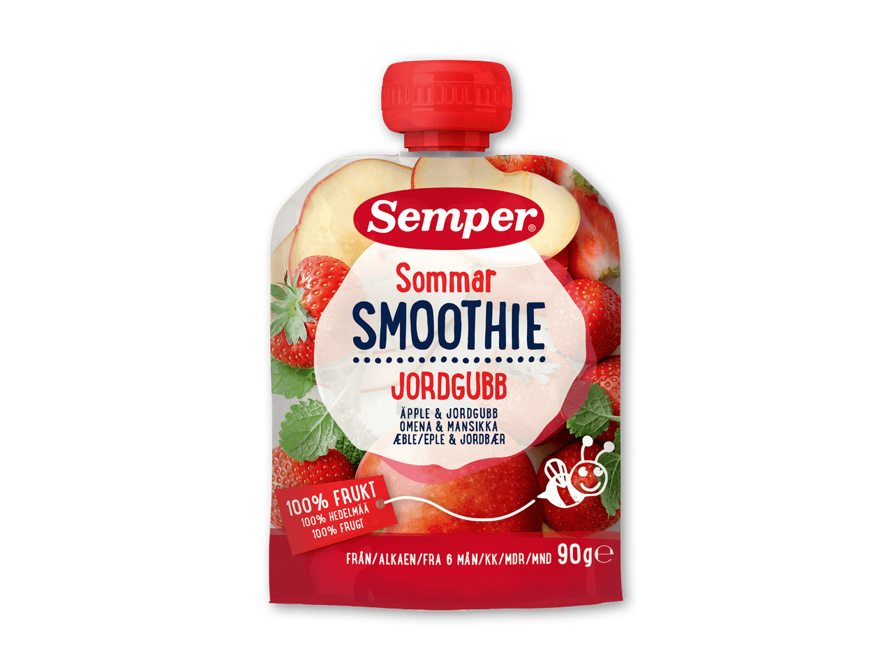 Frugtsmoothie med æble og jordbær i en klemmepose, velegnet fra 6 måneder.
