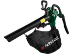 Parkside leaf blower with collection bag on a black background.