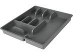 Gray plastic cutlery tray with multiple compartments