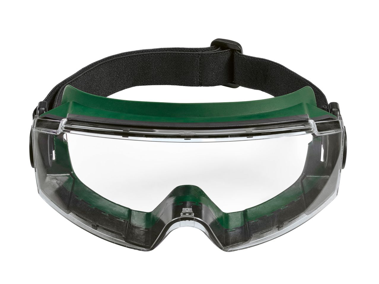 Green and clear safety goggles with a black elastic strap.