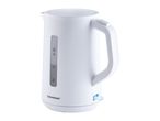 White electric kettle with a water level indicator and an illuminated power switch.