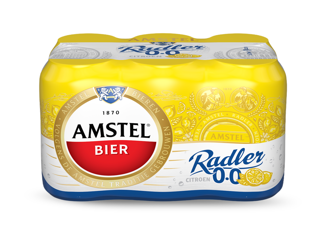 Een sixpack citroenradler met een geel en wit etiket.