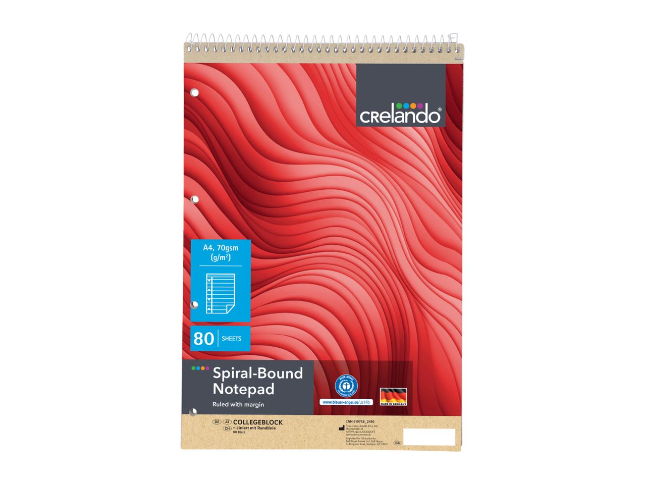 Crelando spiral-bound notepad, A4 size, 80 sheets, ruled with margin, red wave design.