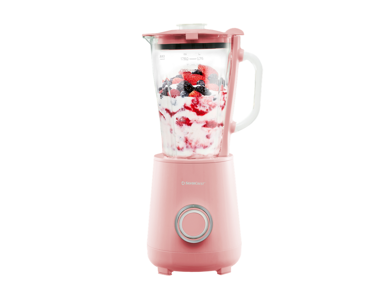 Liquidificador rosa SILVERCREST com bagas e iogurte no jarro.