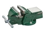 Green bench vise with a textured finish and silver handle.