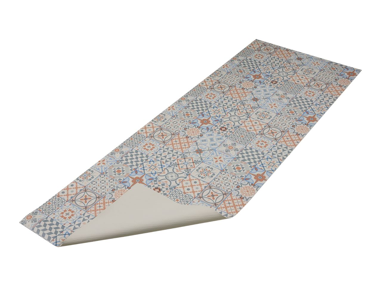 Rectangular floor mat with a colorful mosaic tile pattern in blue, orange, and gray.