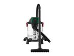 Wet and dry vacuum cleaner with a stainless steel tank and a long hose.