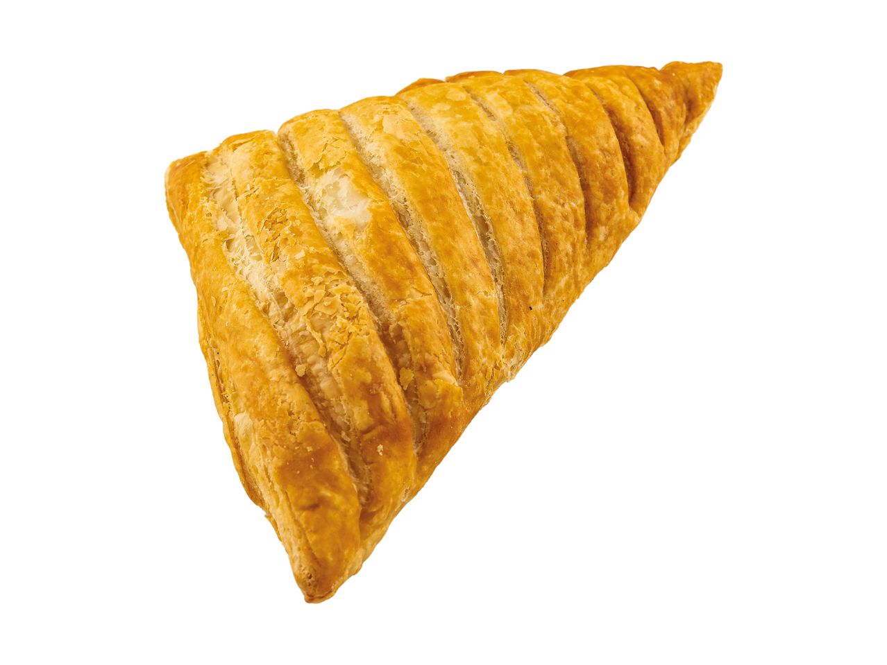 Golden brown, flaky pastry turnover with a triangular shape, isolated on a white background.