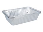 Stack of rectangular aluminum foil containers for food storage or baking.