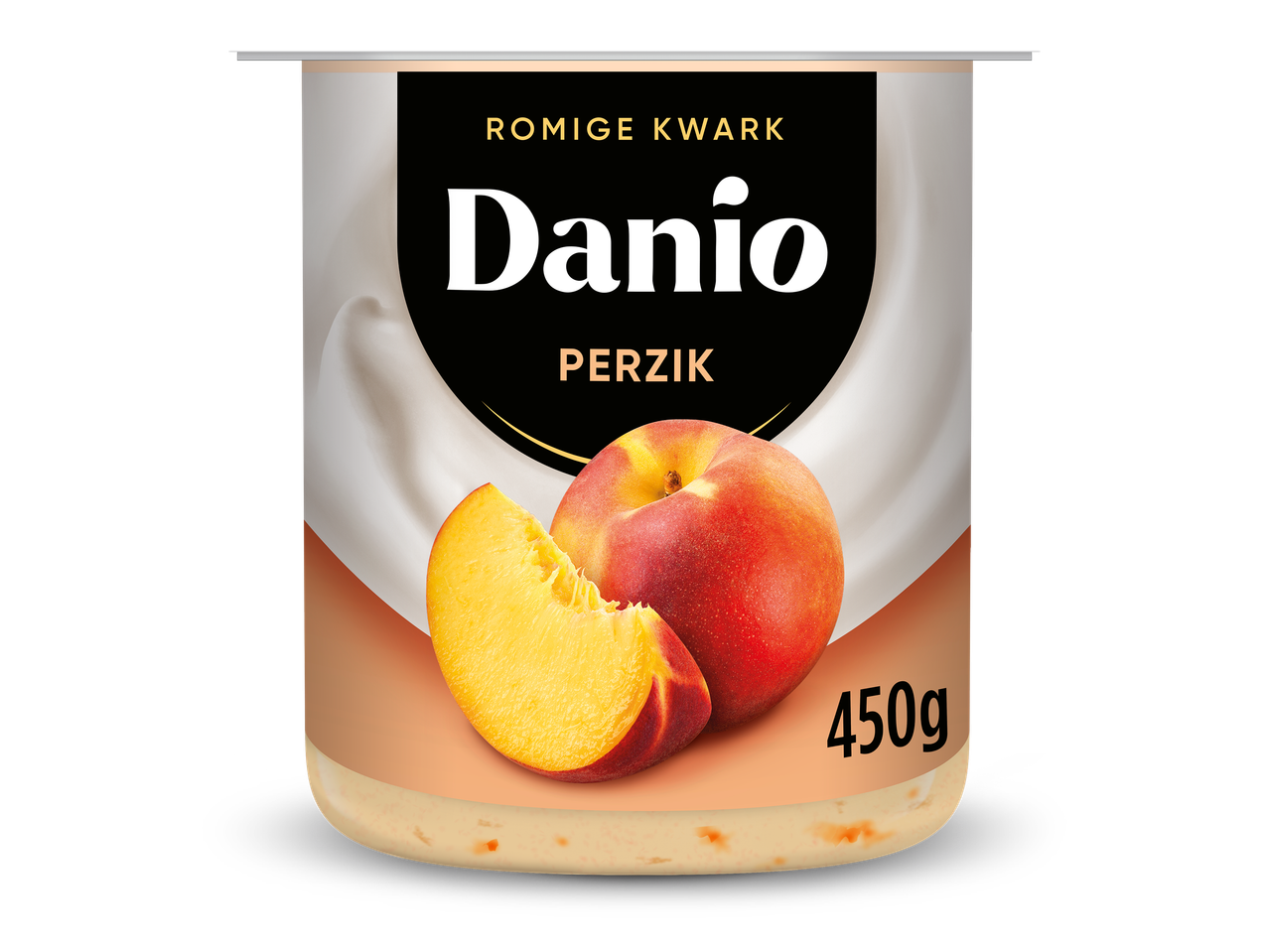 Romige kwark met perziksmaak in een beker van 450 gram.