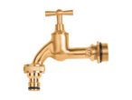 Brass outdoor tap with a 1/2 inch connection and hose adapter, isolated on white.