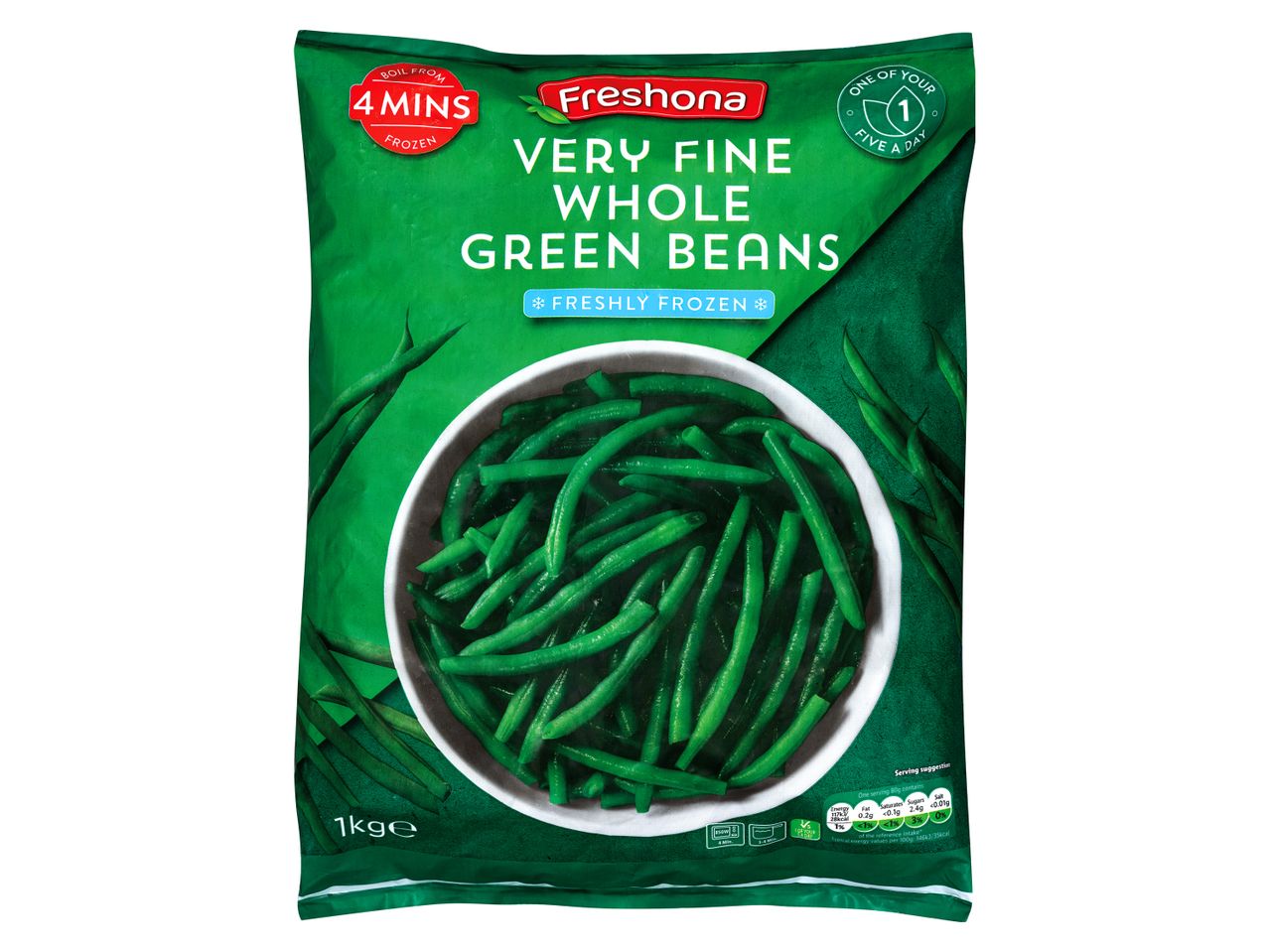 Freshoma frozen whole green beans, 1kg pack.