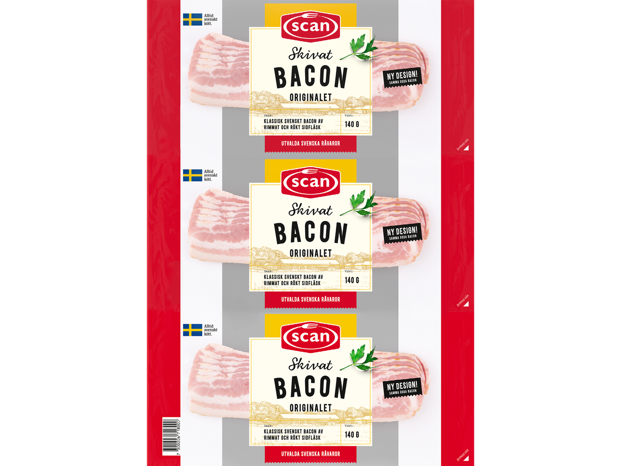 Förpackning med skivat bacon, med texten 'NY DESIGN! SAMMA GODA BACON' och information om vikt och smak.