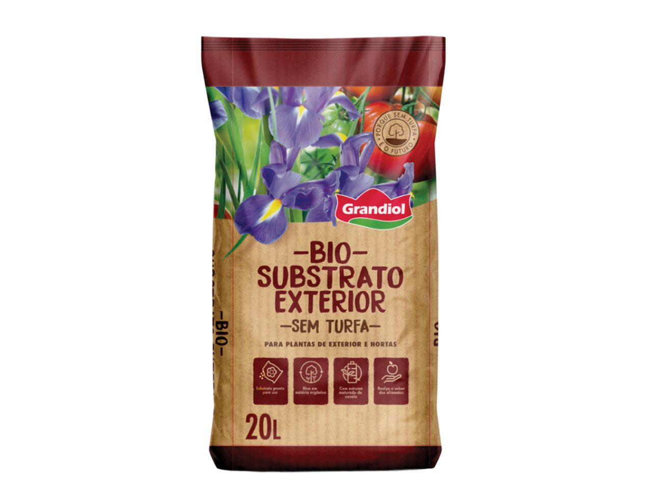 Saco de substrato biológico para plantas de exterior e hortas, sem turfa, 20L.
