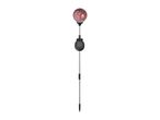 Solar-powered garden stake light with a red mosaic glass globe and a black solar panel.