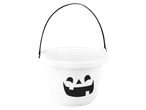 White Halloween pumpkin bucket with a black handle and carved face.