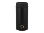 Black insulated beverage container with a gold triangular logo.