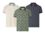 Tri muške polo majice: bež, zelena s uzorkom lišća i tamnoplava na pruge.