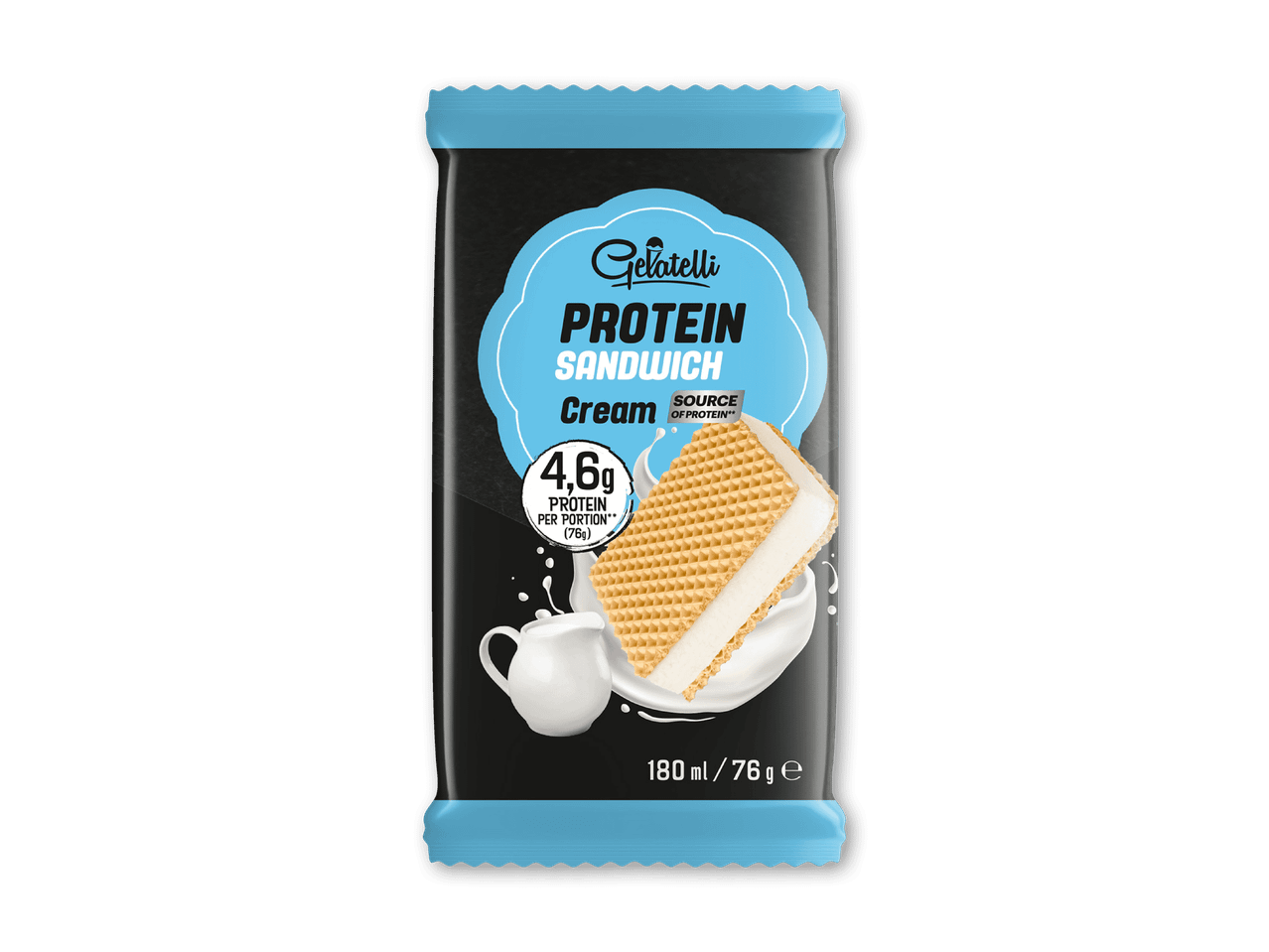 Protein sandwich is med 4,6g protein per portion, cremet fyld og vaffelbund.