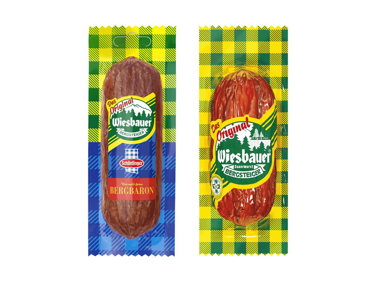 Zwei Packungen Fleischwurst von der Marke Herta, eine dunkel, eine rot.