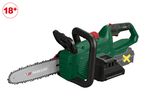 A green and black electric chainsaw with a silver bar and chain, featuring an 18+ age restriction symbol.