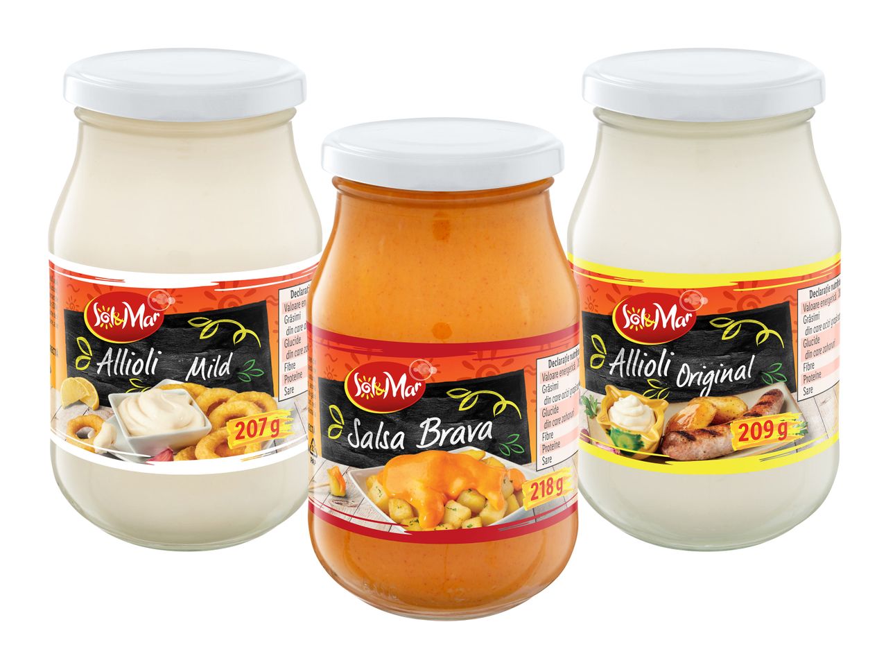 Trei borcane de sticlă cu sosuri Sol & Mar: Allioli Mild, Salsa Brava și Allioli Original.