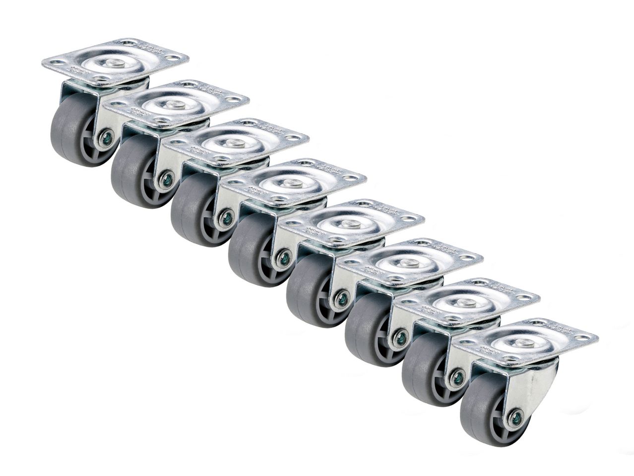 Six gray caster wheels with metal plates are arranged in a row.
