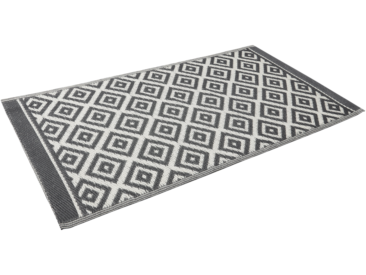 Pravougaoni tepih sa geometrijskim dijamantskim uzorkom u sivoj i beloj boji.