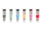 Six tubes of pastel acrylic paint in grey, green, blue, yellow, pink, and red.