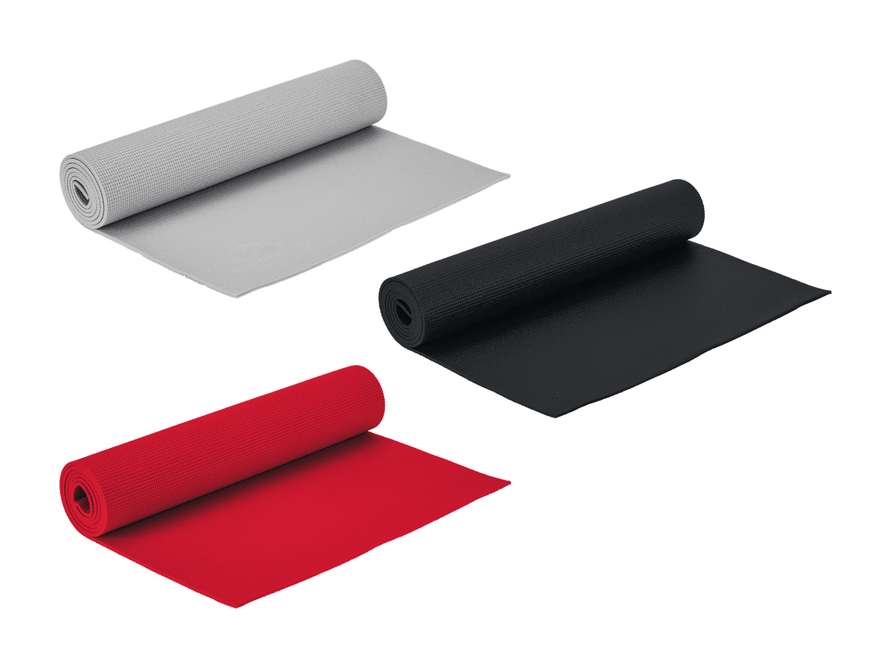 Trois tapis de yoga roulés en gris, noir et rouge.