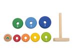 Wooden stacking toy with numbered rings and a rainbow disc.