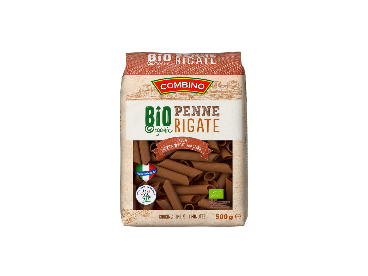 Combino bio penne rigate, 500g, teljes kiőrlésű tészta.