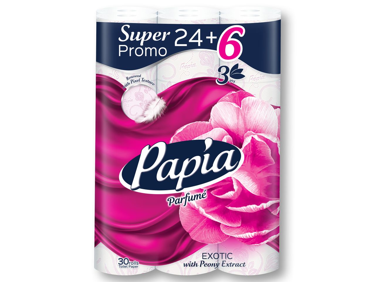 Опаковка тоалетна хартия Papia Parfumé Exotic с екстракт от божур, 30 ролки.