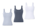 Drei Damen-Tanktops in Weiß, Grau und Hellblau mit Spitzenbesatz.