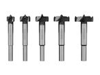 Set of five metal Forstner drill bits in various sizes (15mm, 20mm, 25mm, 30mm, 35mm).