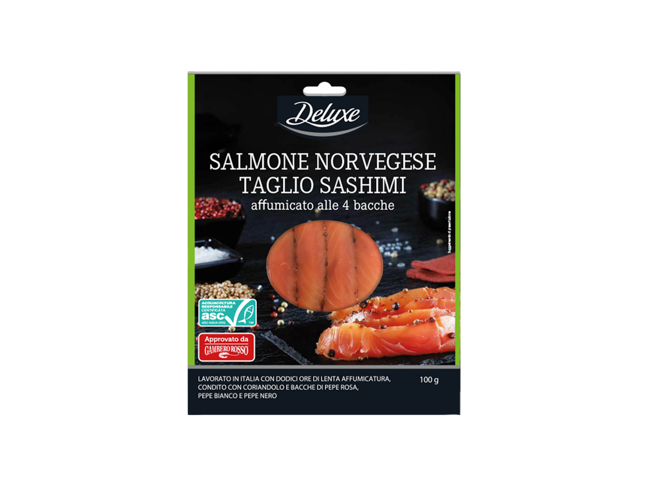 Salmone norvegese taglio sashimi affumicato alle 4 bacche