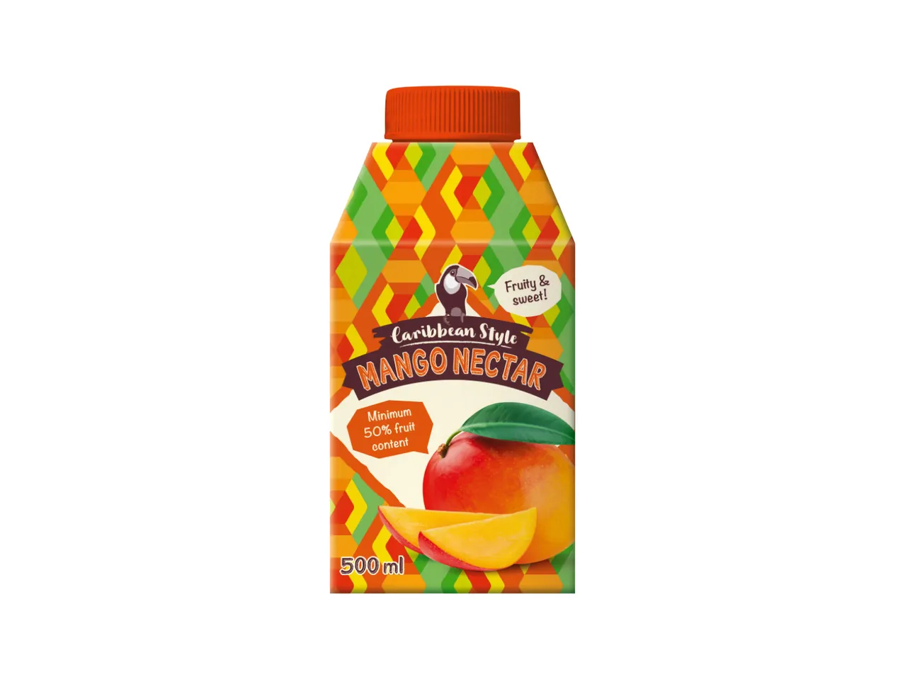 Pakovanje nektara od manga sa natpisom „Caribbean Style Mango Nectar“ i slikom manga.