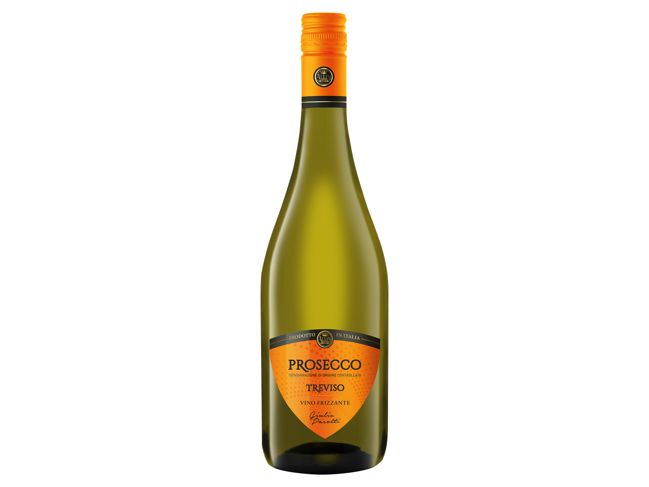 Olasz Prosecco Treviso száraz gyöngyözőbor narancssárga címkével.