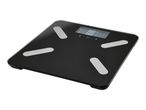 Black digital bathroom scale with silver electrodes and a display showing '0.0 kg'