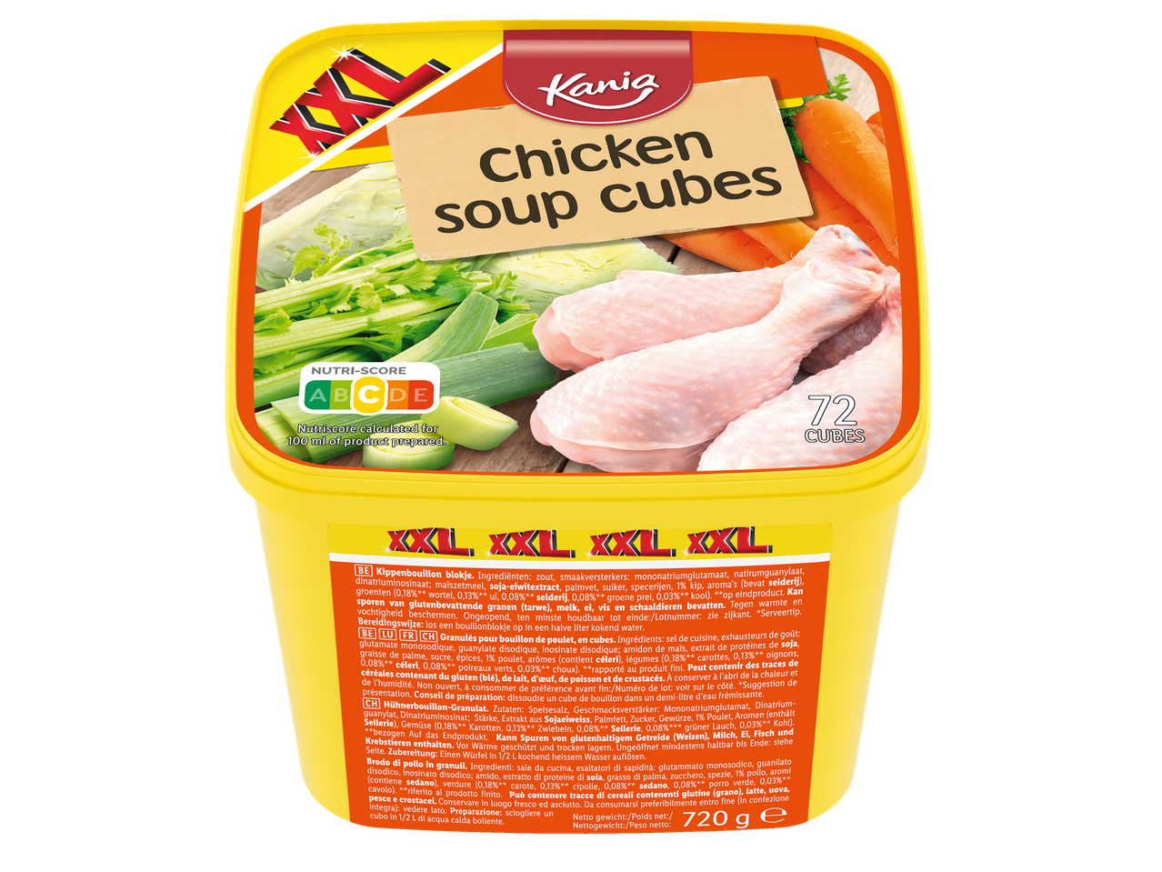 Cubés de soupe au poulet Kania XXL : 72 cubes dans un seau jaune.
